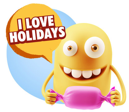 3d Rendering. Candy Gift Emoticon Face saying I Love Holidays wi
