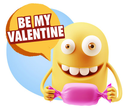 3d Rendering. Candy Gift Emoticon Face saying Be My Valentine wi