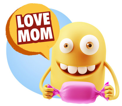 3d Rendering. Candy Gift Emoticon Face saying Love Mom with Colo