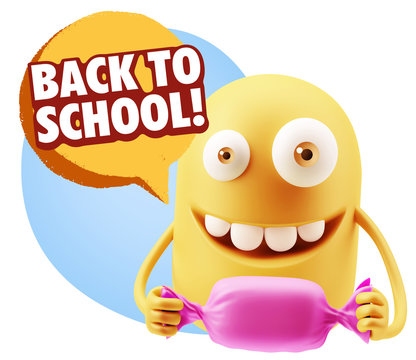 3d Rendering. Candy Gift Emoticon Face saying Back To School wit