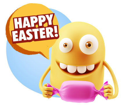 3d Rendering. Candy Gift Emoticon Face saying Happy Easter with