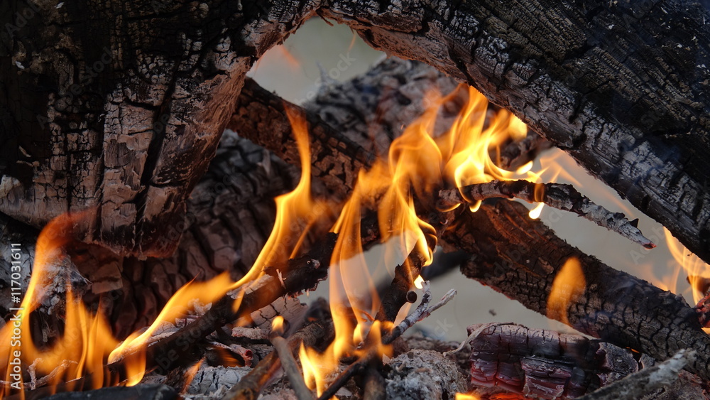 Poster flame on coals in a campfire