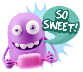 3d Rendering. Candy Gift Emoticon Face saying So Sweet with Colo