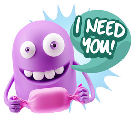 3d Rendering. Candy Gift Emoticon Face saying I Need You with Co