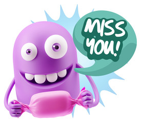 3d Rendering. Candy Gift Emoticon Face saying Miss You with Colo
