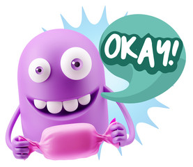 3d Rendering. Candy Gift Emoticon Face saying Okay with Colorful