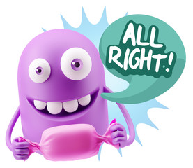 3d Rendering. Candy Gift Emoticon Face saying All Right with Col
