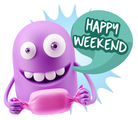 3d Rendering. Candy Gift Emoticon Face saying Happy Weekend with