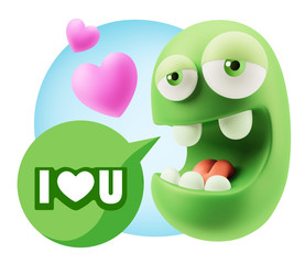 3d Rendering. Emoticon Face in Love saying I Love U with Colorfu