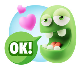 3d Rendering. Emoticon Face in Love saying Ok with Colorful Spee