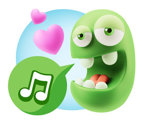 3d Rendering. Emoticon Face in Love saying Music Symbol with Col