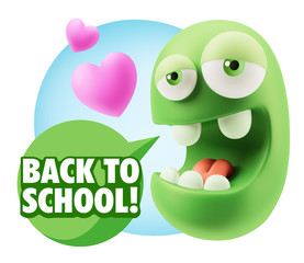 3d Rendering. Emoticon Face in Love saying Back To School with C