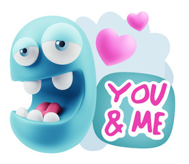 3d Rendering. Emoticon Face in Love saying You And Me with Color