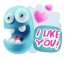 3d Rendering. Emoticon Face in Love saying I Like You with Color