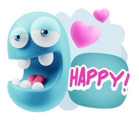 3d Rendering. Emoticon Face in Love saying Happy with Colorful S