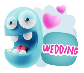 3d Rendering. Emoticon Face in Love saying Wedding with Colorful
