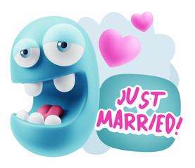 3d Rendering. Emoticon Face in Love saying Just Married with Col