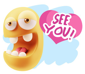 3d Rendering. Emoticon Face in Love saying See You with Colorful