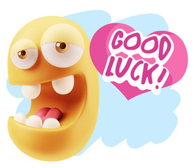 3d Rendering. Emoticon Face in Love saying Good Luck with Colorf