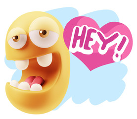 3d Rendering. Emoticon Face in Love saying Hey with Colorful Spe