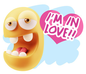 3d Rendering. Emoticon Face in Love saying I'm in Love with Colo