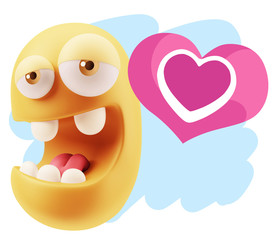 3d Rendering. Emoticon Face in Love saying Love with a Heart Sha