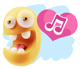 3d Rendering. Emoticon Face in Love saying Music Symbol with Col