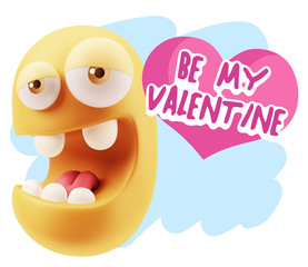 3d Rendering. Emoticon Face in Love saying Be My Valentine with