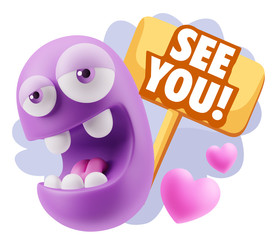 3d Rendering. Emoticon Face in Love saying See You with Colorful