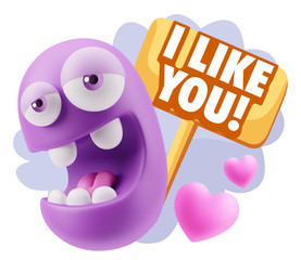 3d Rendering. Emoticon Face in Love saying I Like You with Color