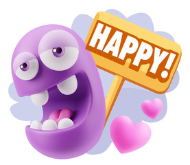 3d Rendering. Emoticon Face in Love saying Happy with Colorful S