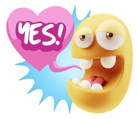 3d Rendering. Emoticon Face in Love saying Yes with Colorful Spe