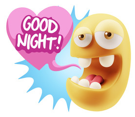 3d Rendering. Emoticon Face in Love saying Good Night with Color