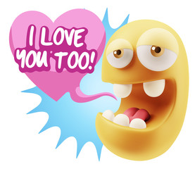 3d Rendering. Emoticon Face in Love saying I Love You Too with C