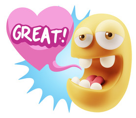 3d Rendering. Emoticon Face in Love saying Great with Colorful S