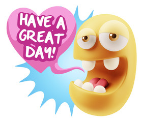 3d Rendering. Emoticon Face in Love saying Have A Great Day with