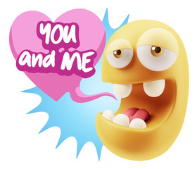 3d Rendering. Emoticon Face in Love saying You And Me with Color