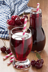 Cherry juice drink / Fresh cherry juice and cherry fruit delicious summer drink on wooden background