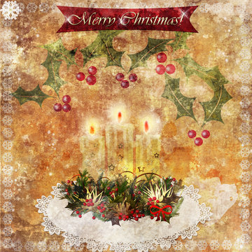 Merry christmas greeting card with candles