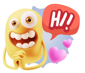 3d Rendering. Love Emoticon Face saying Hi with Colorful Speech