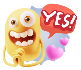 3d Rendering. Love Emoticon Face saying Yes with Colorful Speech