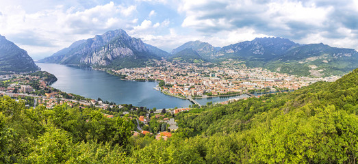 Panoramic view of Lake Como and Lecco city, Italy - obrazy, fototapety, plakaty