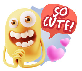 3d Rendering. Love Emoticon Face saying So Cute with Colorful Sp