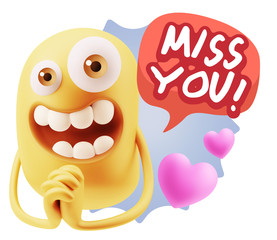 3d Rendering. Love Emoticon Face saying Miss You with Colorful S