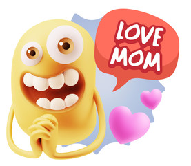 3d Rendering. Love Emoticon Face saying Love Mom with Colorful S