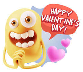 3d Rendering. Love Emoticon Face saying Happy Valentine's Day wi
