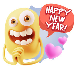 3d Rendering. Love Emoticon Face saying Happy New Year with Colo