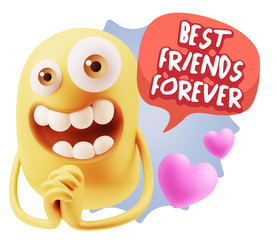 3d Rendering. Love Emoticon Face saying Best Friends Forever wit