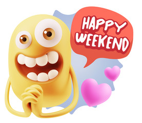 3d Rendering. Love Emoticon Face saying Happy Weekend with Color