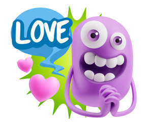 3d Rendering. Love Emoticon Face saying Love with Colorful Speec